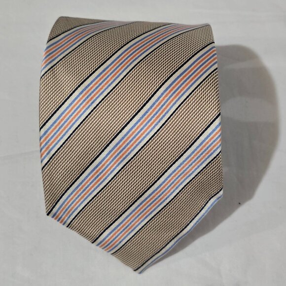 Luigi Borrelli Napoli Made in Italy Silk Necktie Beige Blue Orange Striped 58" - Picture 1 of 5